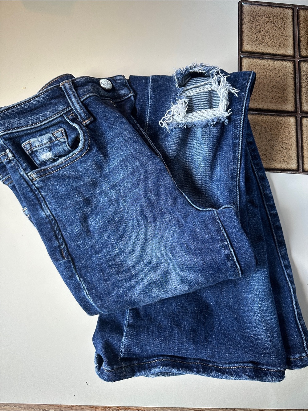Size 23 high rise Flying Monkey Dark Blue flared Leg Distressed Jeans